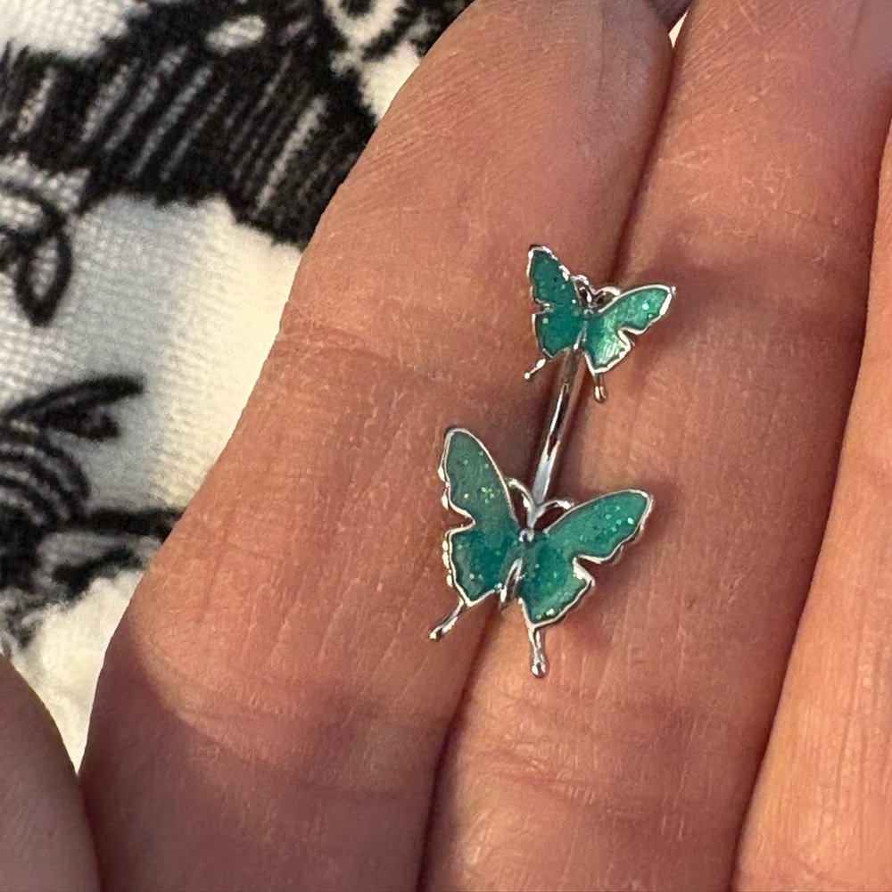 Belly Button Ring Silver Tone Copper butterfly’s Emerald Sparkle Belly Ring